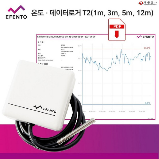 SOJ.에펜토 T2-5M 무선 블루투스 온도기록계 -55~125도 센서5M 불루투스 무선온도계 2만8천개 테이터 저장 통계분석 그래프 레포트 농작물관리 병원 창고 재고보유, 1개, 1