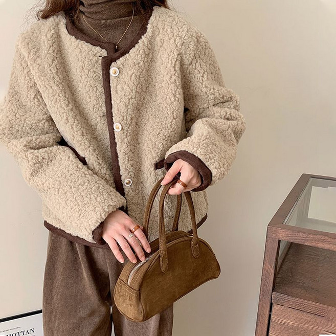 COSYEVNO 여성 겨울 양털 스웨이드 재킷 라운드 루즈핏 트렌디 트위드 숏 재킷 CXJshrwt-07