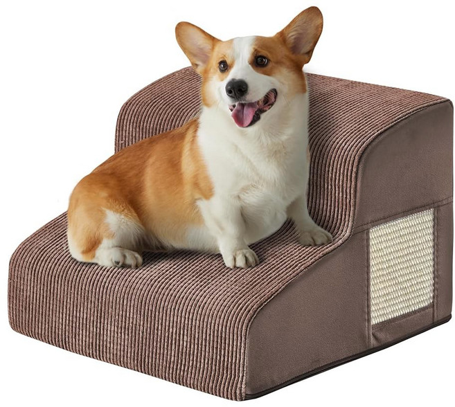 강아지 침대용 계단 작은 강아지를 위한 침대 소파 의자용 4단계 경사로 미끄럼 방지 바닥 디자인 고양이 긁힘 고밀도 폼 휴대용 반려동물 실내 베이지, Fleece Coffee, 3 Steps, 1개
