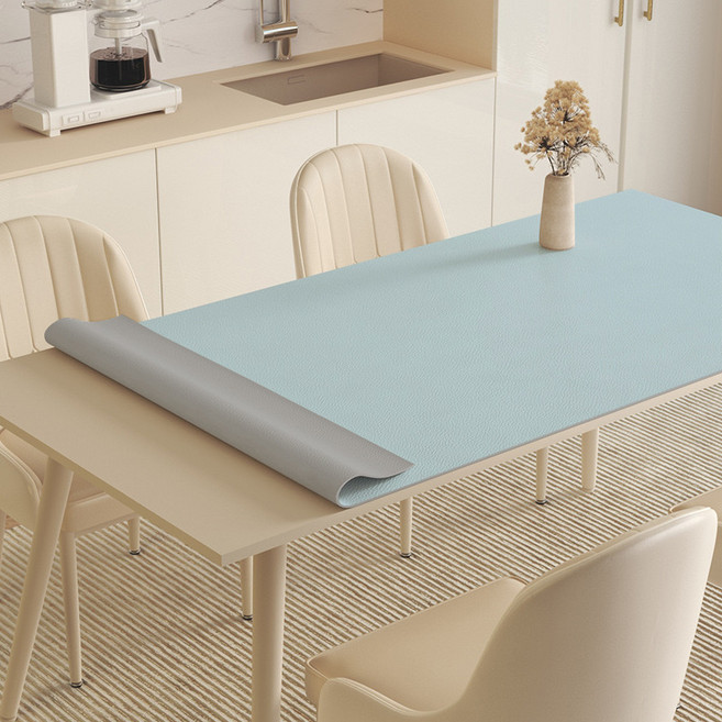 Alemon 양면 가죽 방수 식탁보 테이블 매트, 140x80cm, 연그레이+핑크블루, 1개