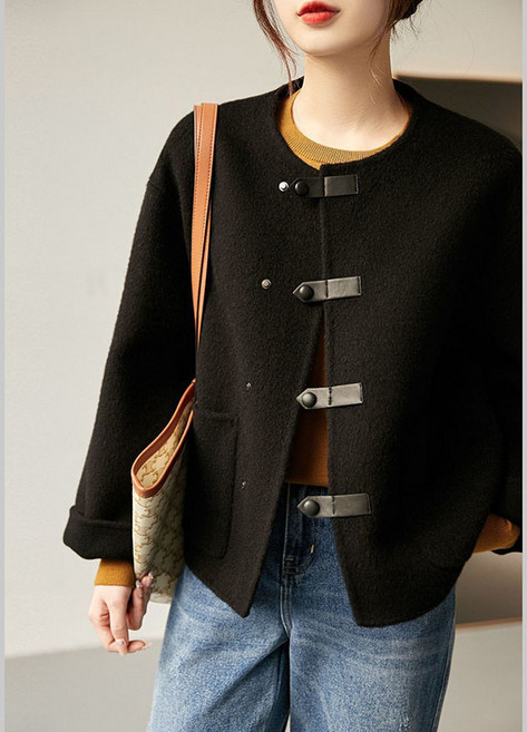 AOKADA 여성 오버핏 모직 숏 코트 오피스룩 라운드 카디건