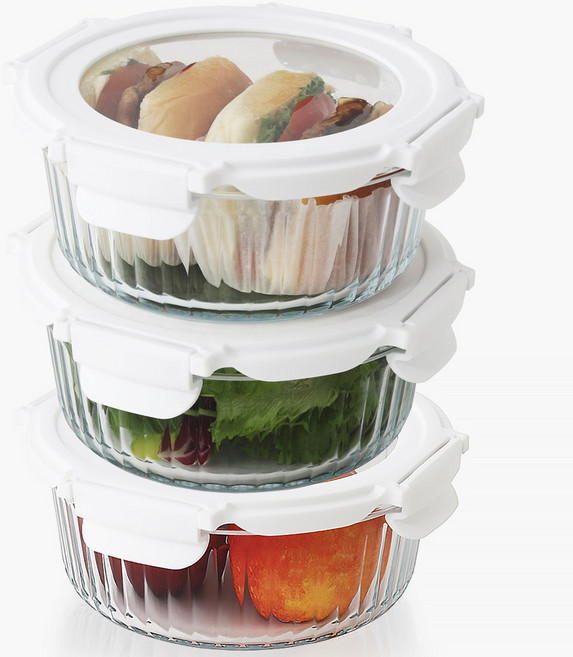 네오플램 글라스캡 내열유리 반찬통 밀폐용기세트 원형 3p 950ml, 1세트, 원형 950ml 3p
