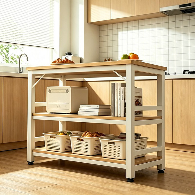 프리미엄 심플 모던 주방 수납장 최대 하중 300kg 3단 주방 철제 선반 FG01A, 원목색+화이트