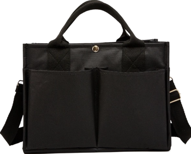 BY SOYUL 媽媽包 手提斜挎帆布包 大容量多功能外出包, 黑色(附隔層+揹袋+掛勾2入)