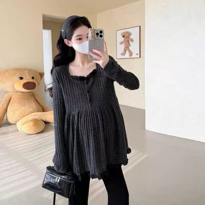 봄 임산부 외출복 프렌치 루즈핏 임부 니트 티셔츠 캐주얼 임부복 긴소매 상의 YSQ