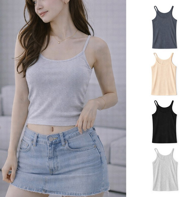 VERIT 슬림핏 끈 나시티 워터밤 세미크롭 탱크탑 민소매 티셔츠 VT918