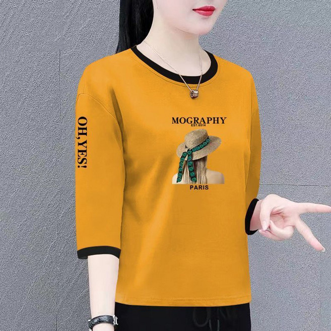 로르카 여성 순면 프린트 라운드넥 루즈핏 캐주얼 데일리 중년 여성 7부 소매 티셔츠 V01031437