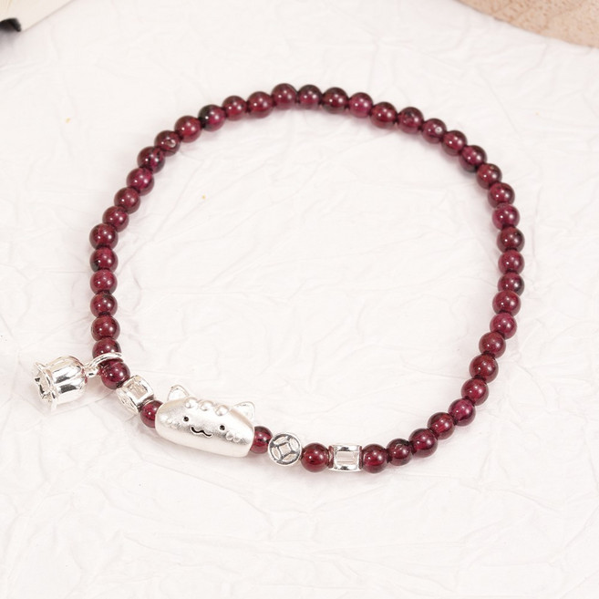 오누이디스플레이 천연 석류석 가넷 원석 팔찌 고양이 참 포인트 1월 탄생석 행운 기원 팔찌