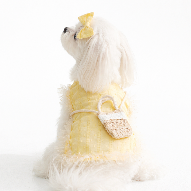 렛츠독 강아지 레이스 리본 가방 순면 엘리스 티셔츠 봄옷 세트, 1개, 엘리스옐로우세트