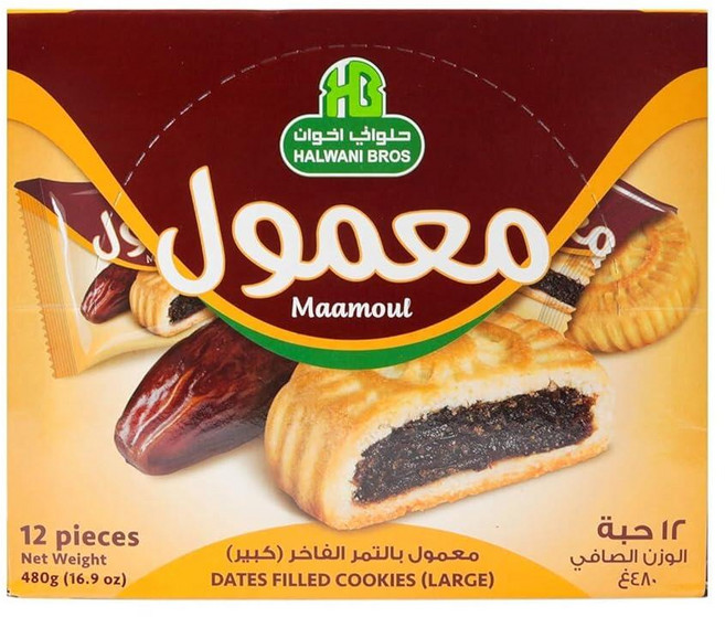 HB Halwani Bros 쿠키 팩 – 크고 달콤한 사우디 대추야자 충전 - 맛있는 밀가루 쿠키 12개 479.1g(16.9온스) - 라마단 크리스마스 결혼식 기념일, 1, 480g
