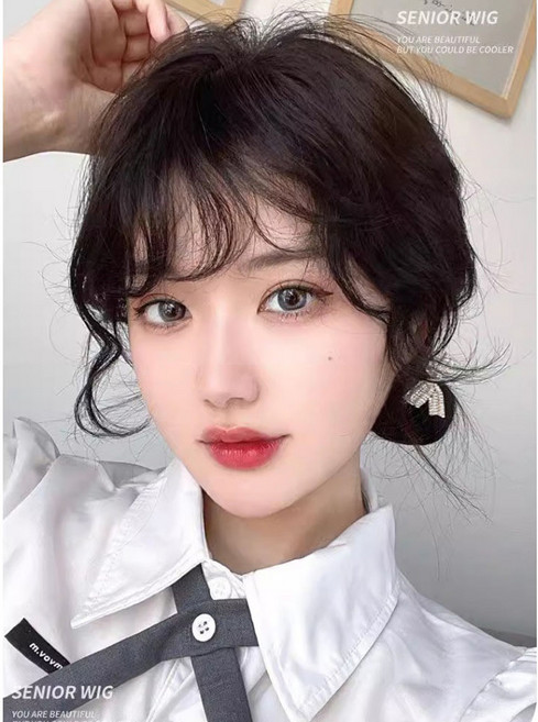 1+1 S컬 웨이브 앞머리 가발 헤어피스 베이비펌 부분가발 펌 시스루뱅 붙임머리 곱슬, 1개, 블랙+라이트브라운