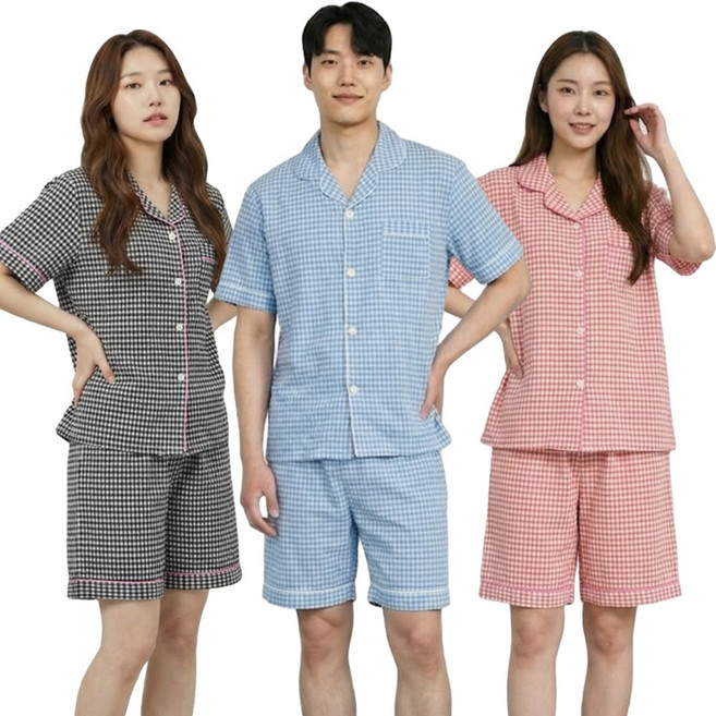 잔체크 잠옷세트 카라 반팔 여성 남성 파자마 한벌 커플 홈웨어 실내복 잠옷 상하의 세트