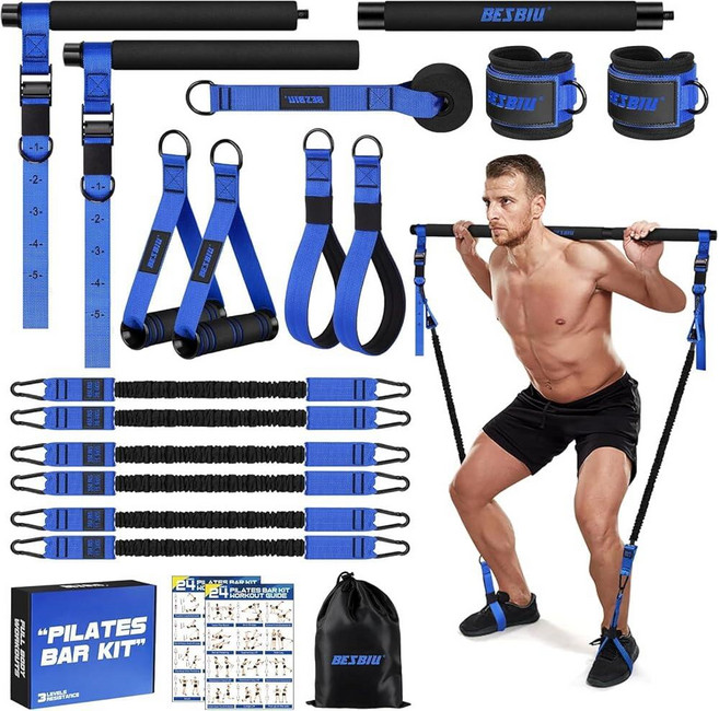 Pilates Bar Kit with Resistance Bands for Working Out 210lbs Heavy Resistance Bands with Handles, Blue