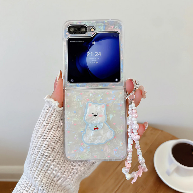 휴대폰케이스 갤럭시 z플립5 z플립6 z플립7 자개 무늬 입체 강아지