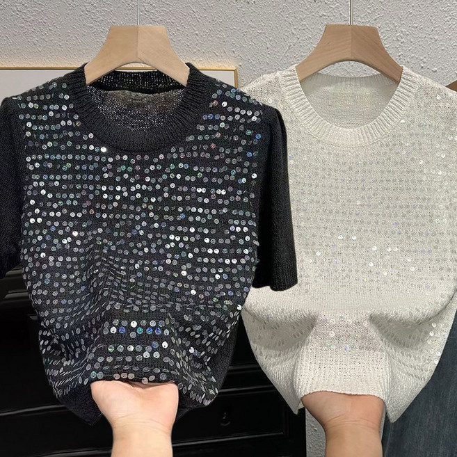 ROYALBELLE 여성 루즈핏 라운드넥 스팽글 데일리 반팔 니트 티셔츠 E01032424