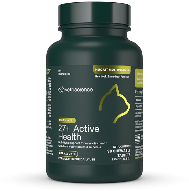 베트리사이언스 시니어 27+ 액티브 헬스 츄 시니어 고양이를 위한 누캣 데일리 멀티비타민 균형 잡힌 비타민 미네랄 및 항산화제 건강한 노화 및 웰빙 지원 생선 30가지, 90 Tablets, For Cats