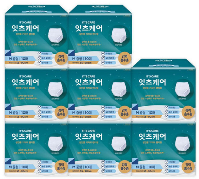 잇츠케어 국내생산 성인용 기저귀 팬티형 10매 X 8팩, 중형, 10개입, 8박스