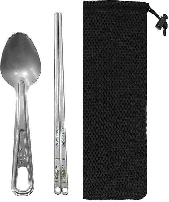 AMG 티타늄 캠핑 수저 세트 숟가락 젓가락 스푼 티탄 메쉬케이스 포함 등산 백패킹, 1개, 숟가락+젓가락+메쉬케이스