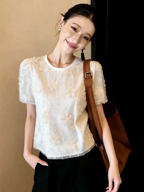 法式立體花朵亮片短袖上衣 女 設計感精緻襯衫