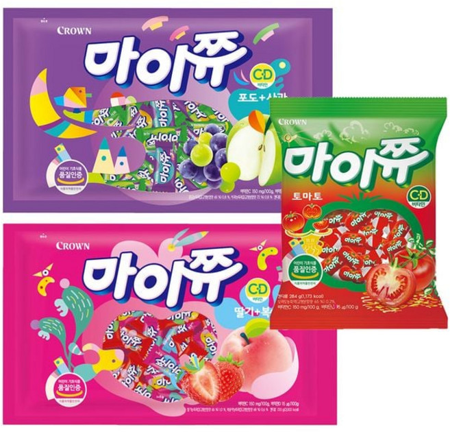 크라운 마이쮸 딸기복숭아 720g +포도사과 720g+토마토 284g 각1개 총3개, 1개, 1ml