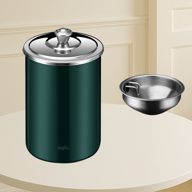 앙플러스 스텐 뚜껑 재떨이 가정용 냄새차단 업소용 스테인리스 재떨이, 1개, 실버그린