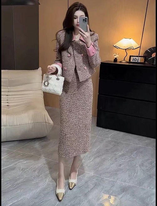 봄 가을 여성 트위드 세트 캐주얼 긴팔 숏 자켓 + 하이웨이스트 롱 스커트 상하의 투피스 기질 여자 소향풍 투피스 세트 WXY