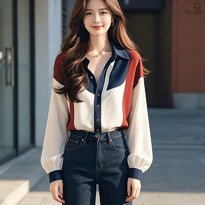 708090 봄가을 여성 배색 루즈핏 긴팔 셔츠