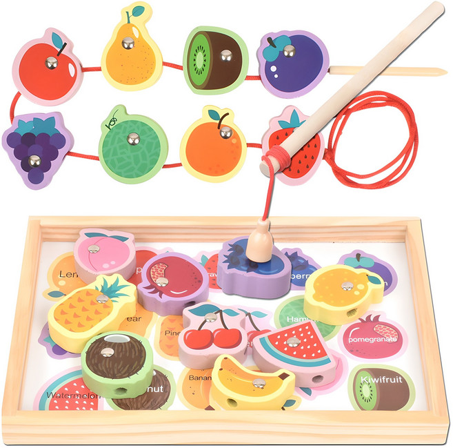 목제 블럭 실꿰기 자석 낚시놀이 교구, 과일, 1세트