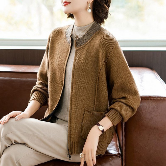 AOKADA 봄 가을 중년 여성 라운드넥 집업 니트 가디건