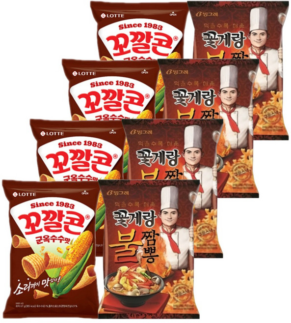 롯데 크라운 스낵모음 꼬깔콘 군옥수수 67gx4개+꽃게랑 불짬뽕 70gx4개 (총8개), 1세트, 548g
