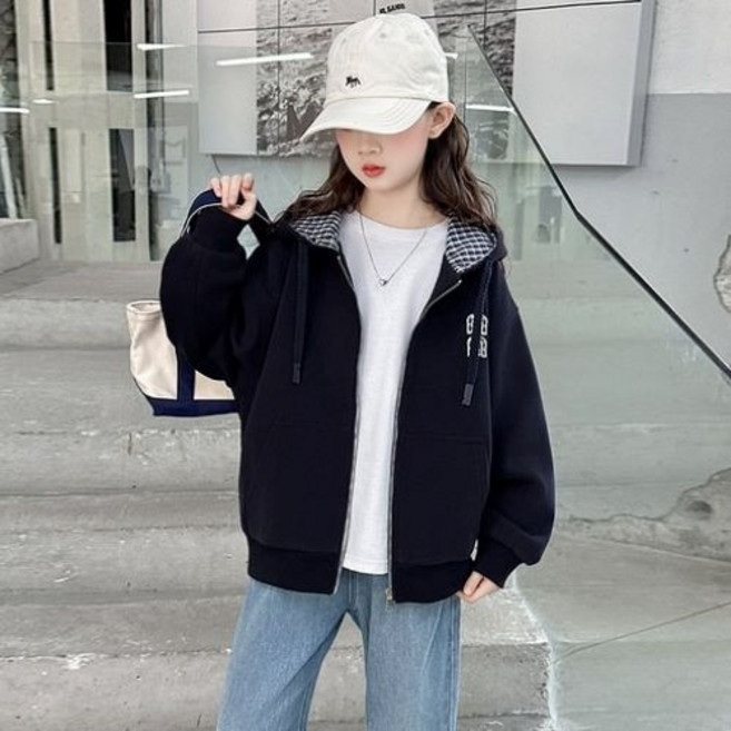 키즈목마 여아 초등학생 mm 체트 패치 후드집업 체크안감 긴팔 상의 초등여아 주니어 봄 가을 점퍼 756