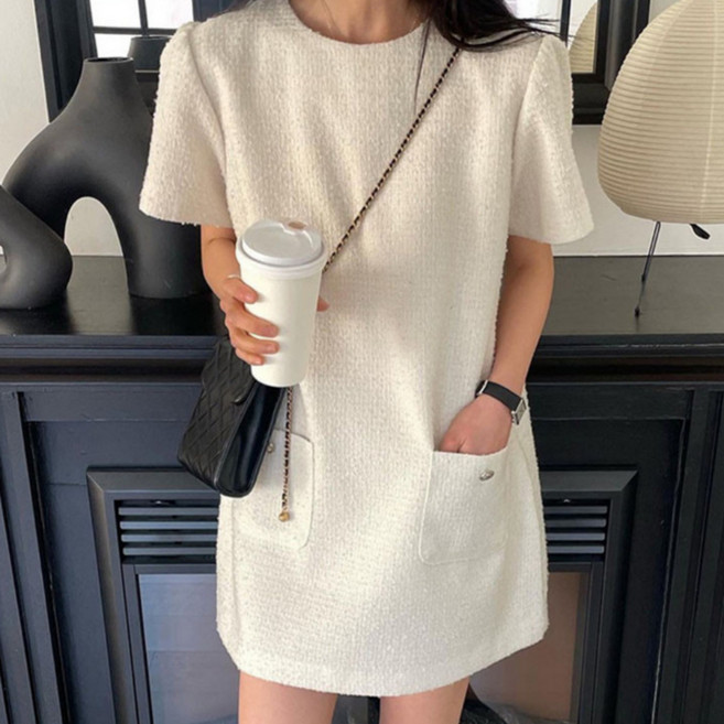라엔 봄 여름 라운드 포켓 루즈핏 캐주얼 반팔 트위드 원피스 스커트