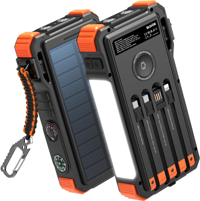 BLAVOR 태양광 충전 보조배터리 20000mAh 내장형 4개 케이블 USB C 20W 고속 충전 외부 배터리 팩 캠핑 조명 손전등 등 탑재
