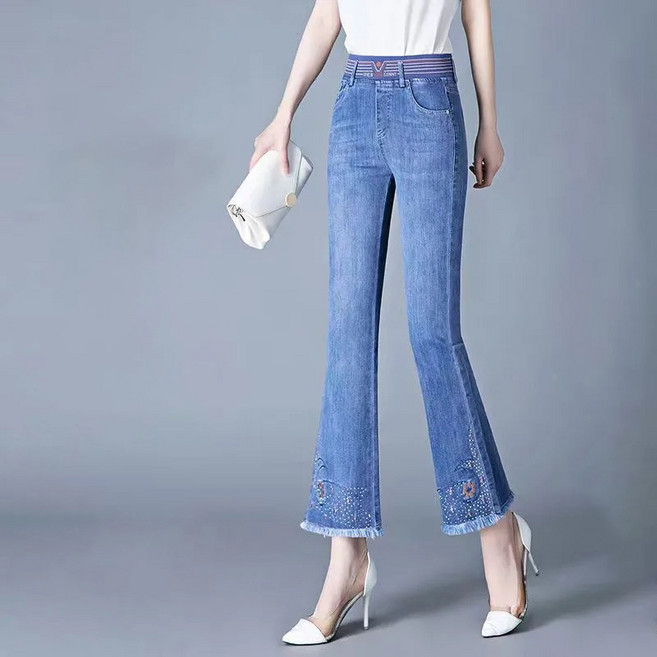 꽃소담 여자 봄여름 자수 밴딩 9부 부츠컷 청바지 XP1210