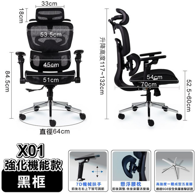 格拉斯人體工學7D機械手懸浮護腰辦公椅 X01強化機能款, X01強化機能款-黑框
