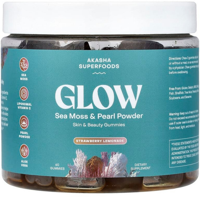 Akasha Superfoods Glow 바다이끼 & 진주 분말 딸기 레모네이드 맛 구미젤리 60개 AKA-89351, 1개