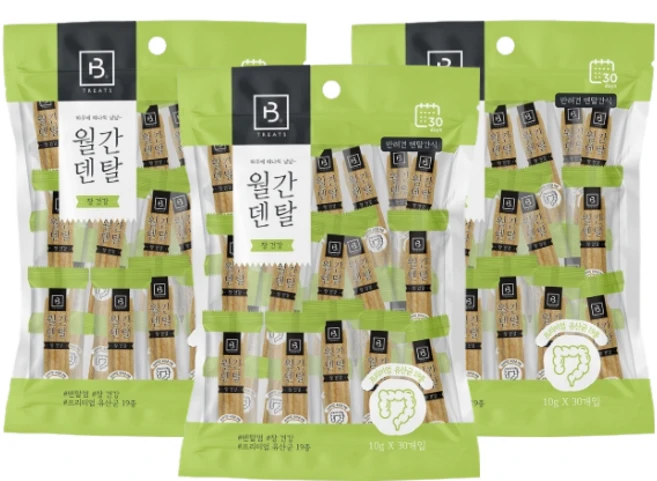 브리더랩 강아지 월간 덴탈껌 피부 30p, 장건강, 300g, 3개 - 쿠팡