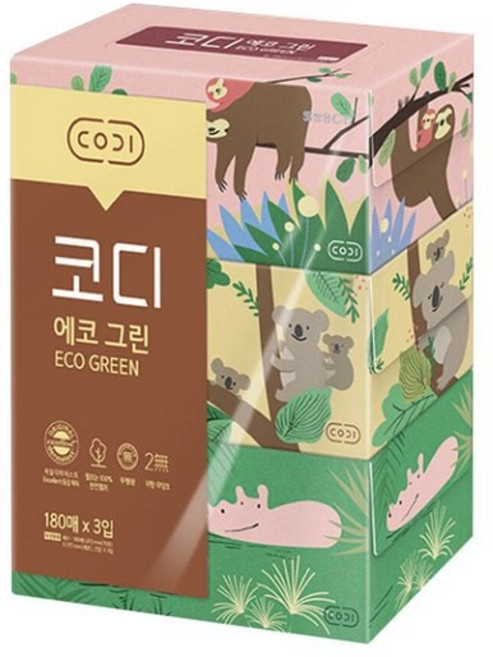 깨끗한나라 코디 미용티슈 에코그린 180매 3입 프리미엄 화장지, 180