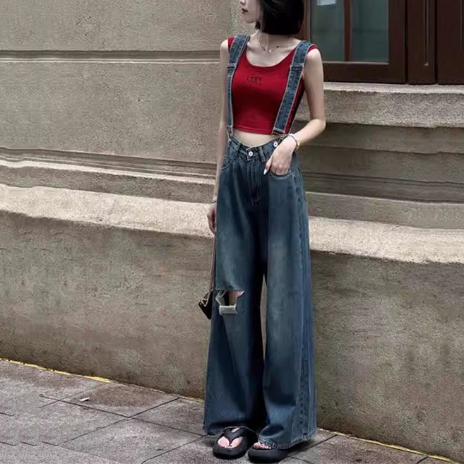 여성바지 멜빵바지 여름 데님 서스펜더 팬츠 디스트로이드 와이드레그 캐주얼 데일리 롱팬츠 ZBW26033015 38