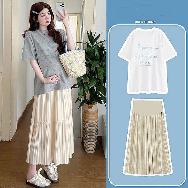 임산부 여름 롱스커트 세트 임부 루즈핏 반팔 티셔츠 + 플리츠 롱 스커트 캐주얼 임부복 상하의 세트 LCL