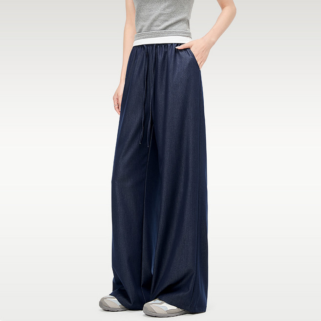 여성 여름 소프트 텐셀 청바지 드레이프 스트레이트 와이드 팬츠
