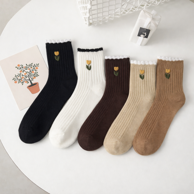 럽니드삭스 5종세트 튤립 자수 무압박 양말