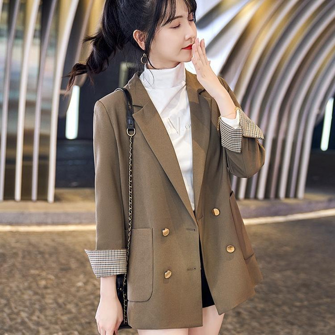 봄가을 빅포켓 무지 더블 버튼 루즈핏 정장 재킷 하프기장 체크무늬 롤업 정장 자켓 코트 점퍼 출근룩 여성