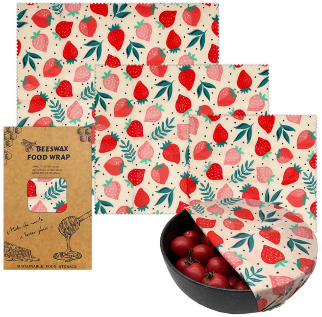 밀랍랩 친환경랩 밀랍백 천연밀랍랩 비즈왁스랩 패키지 친환경포장 왁스페이퍼 식품포장, 1_딸기 3장 1세트, 1개