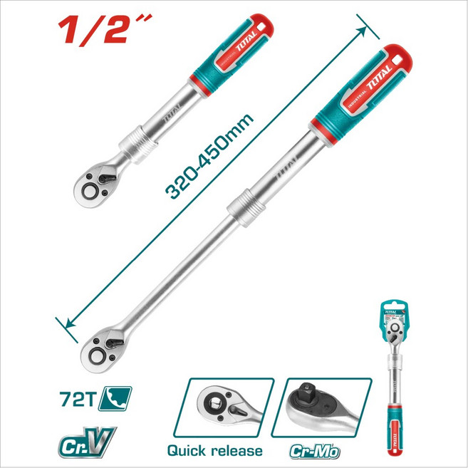 TOTAL 伸縮式棘輪板手 4分 72齒 320-450mm 快拆, 1個