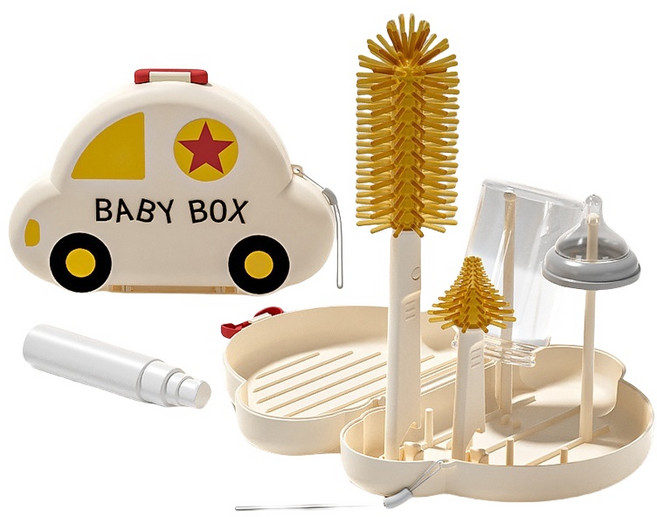 Baby Box 嬰兒奶瓶瀝水架 奶瓶刷套装, 黃色, 1個