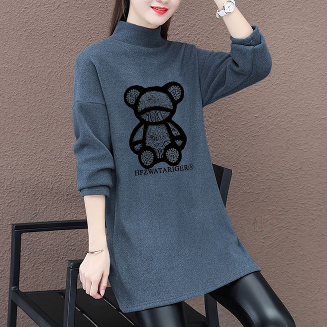 루스리더 여성 반목 롱 티셔츠 오버핏 곰돌이 프린트 데일리룩 M335