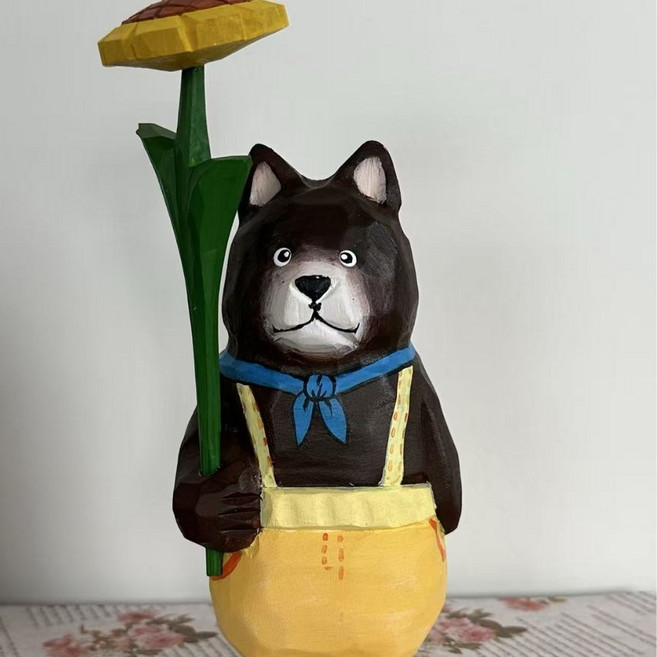 木雕向日葵熊擺件 創意桌面裝飾品 手工藝品 家居裝飾, 黃色