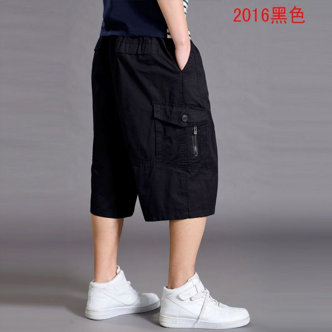 夏季男士七分褲 寬鬆休閒褲 薄款工裝褲 運動短褲 大碼舒適褲 透氣中長褲 戶外工作褲+2016/黑色+5XL 建議220-240斤