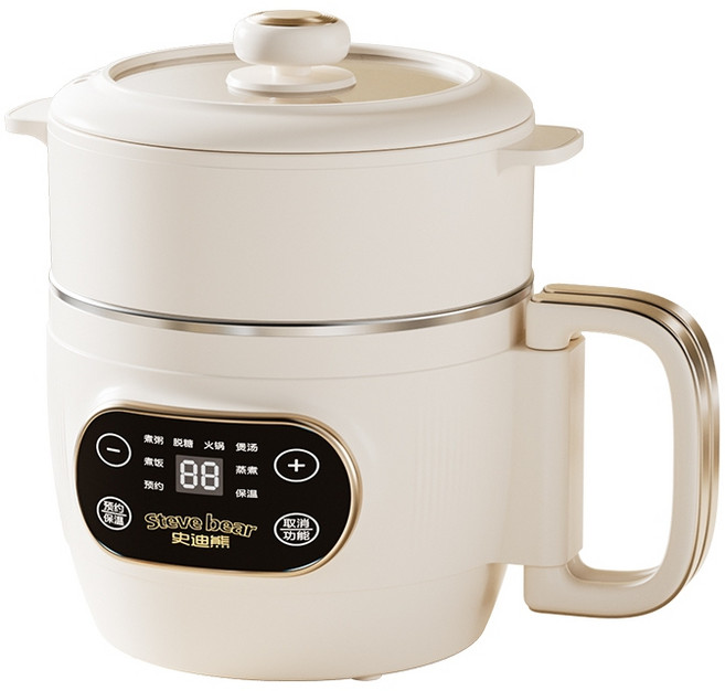2L電煮鍋 附蒸籠 美食鍋 多功能電煮鍋 學生電飯煲 電火鍋, 奶白色